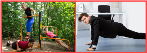 Person doing quick push-ups and bodyweight squats during work hours, showing how short exercise breaks counteract prolonged sitting.
