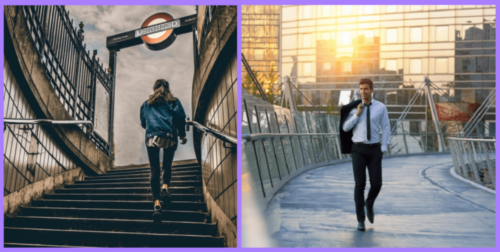 Commuters walking to work, taking the stairs, and standing on public transport to stay active during the daily routine.
