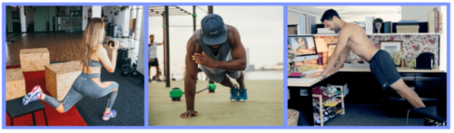 Office worker exercising during a lunch break, symbolising the balance between work and physical health through short, functional workouts.