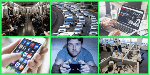 Office workers, commuters, and screen users representing how convenience culture turned daily life into a cycle of inactivity.