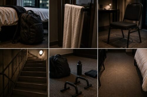 A montage showing improvised training tools and environments including stairs, towels, chairs, tables, backpacks, and hotel room floor space used for bodyweight and conditioning exercises.