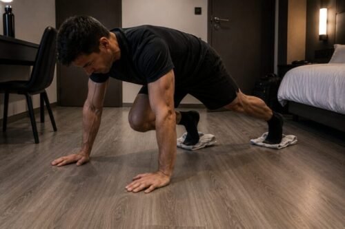 A man performs mountain climbers using towels beneath his feet on a hotel room floor during improvised conditioning work.