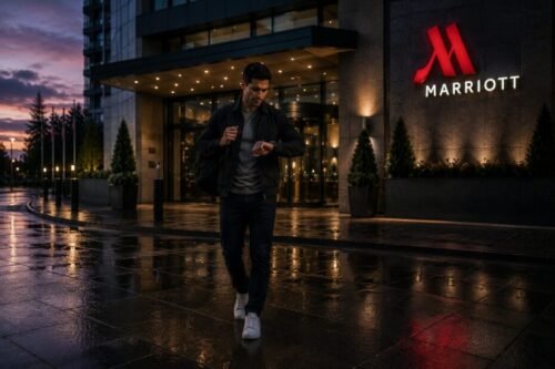 A fit man leaves a hotel at night with a backpack over his shoulder after completing an improvised workout session.