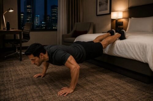 A man performs decline push-ups with his feet elevated on a hotel bed during improvised bodyweight training.
