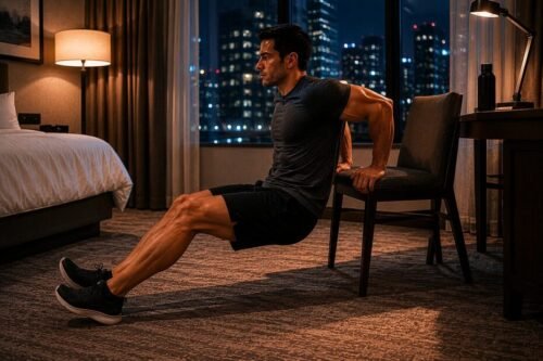 A man performs triceps dips using a hotel desk chair during an improvised hotel room workout.