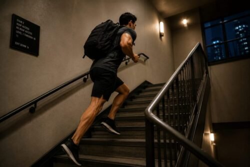 A man runs up a hotel stairwell carrying a backpack during improvised conditioning training away from the gym.