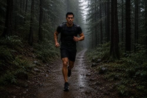 A man runs along a forest trail in light rain carrying a backpack during outdoor conditioning training.