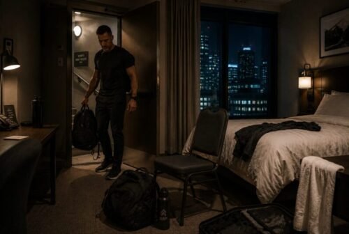 A man enters a hotel room carrying a backpack while assessing the limited space and ordinary surroundings he will use for improvised training away from the gym.