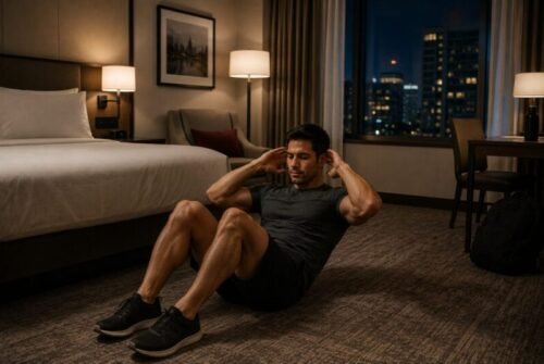 A man performs sit-ups on the floor of a hotel room during an improvised bodyweight workout away from the gym.