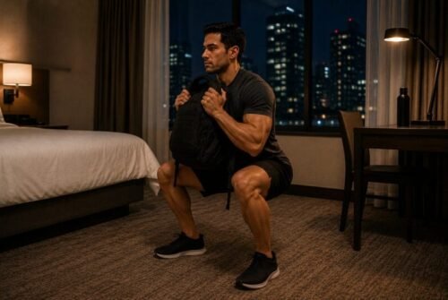 A man performs goblet squats using a loaded backpack inside a hotel room during improvised strength training.
