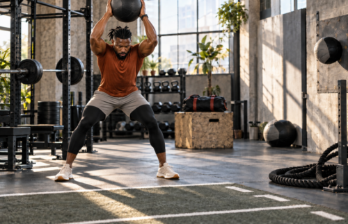 Black male athlete holding a medicine ball overhead ready to slam in a functional training gym with strength and conditioning equipment nearby.