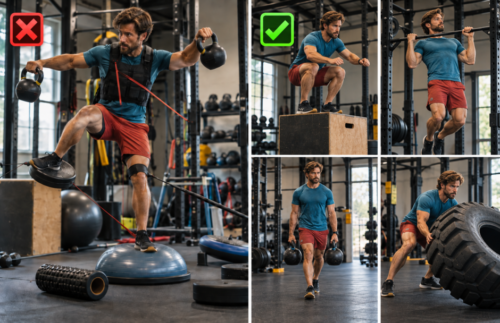 Split-screen comparison showing an overcomplicated BOSU, kettlebell and resistance-band exercise marked with a red cross, beside box jumps, pull-ups, farmer carries and tyre flips marked with a green tick.