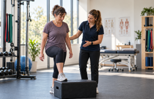 Physiotherapist guiding a middle-aged woman through a controlled step-up in a modern rehabilitation gym.