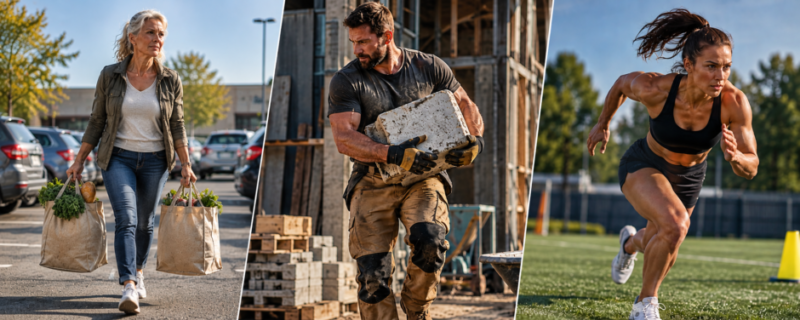 Three people facing different physical demands: an older woman carrying shopping, a construction worker carrying a heavy load and an athlete sprinting.