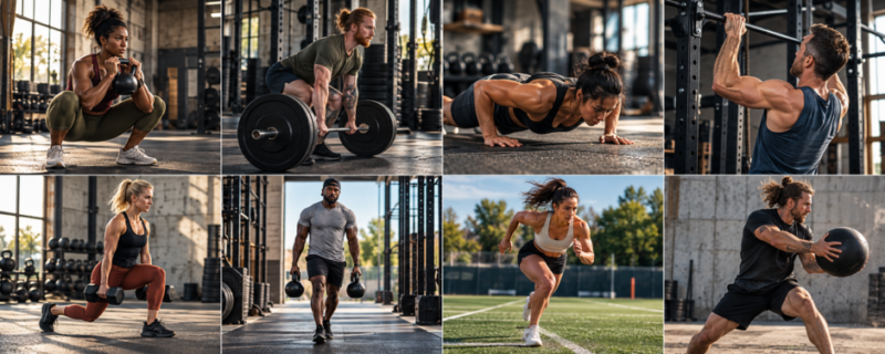 Eight-panel training collage showing squat, hinge, push, pull, lunge, loaded carry, sprinting and rotational movement patterns.