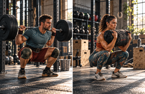Man performing a barbell back squat beside a woman performing a sandbag front squat, showing different methods of training the same movement pattern.