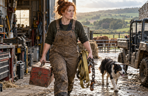 Red-haired farm worker carrying a heavy toolbox, chains and equipment through a working farmyard.