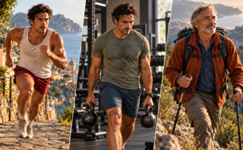 Same man shown at different stages of life, sprinting when young, carrying kettlebells in middle age and hiking with a backpack when older.