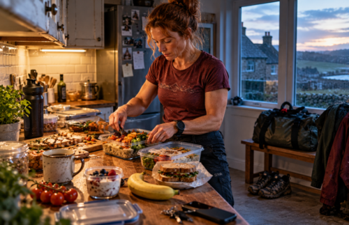 Red-haired woman preparing containers of chicken, rice and vegetables in a warmly lit kitchen, with sandwiches, fruit and training equipment nearby.