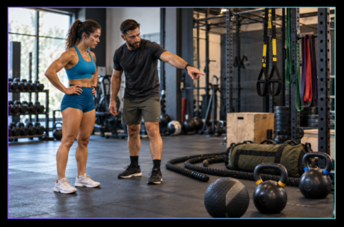 Coach and female athlete selecting functional training equipment in a gym, with battle ropes, kettlebells, a sandbag, medicine ball and suspension trainer nearby.