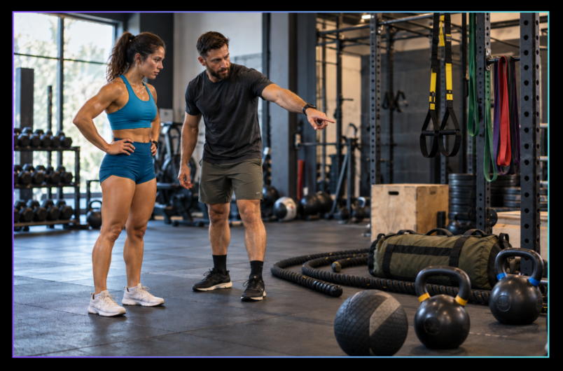 Coach and female athlete selecting functional training equipment in a gym, with battle ropes, kettlebells, a sandbag, medicine ball and suspension trainer nearby.