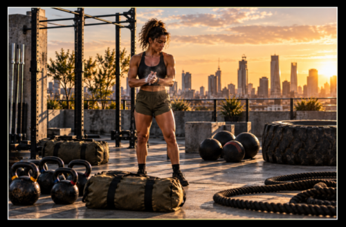 Woman preparing for a functional training circuit in an outdoor rooftop gym with kettlebells, sandbags, medicine balls, battle ropes and a tyre.