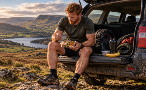 Ginger-haired trail runner eating a prepared meal of chicken, grains and vegetables on the tailgate of a muddy SUV, overlooking the rolling hills and reservoir of the Bannau Brycheiniog landscape.