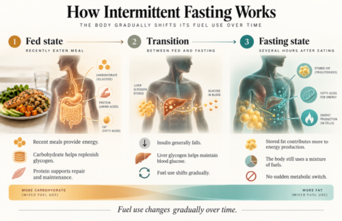 Three-stage infographic explaining fed, transitional and fasting states, showing how the body's reliance on carbohydrate and stored fat changes gradually after eating.