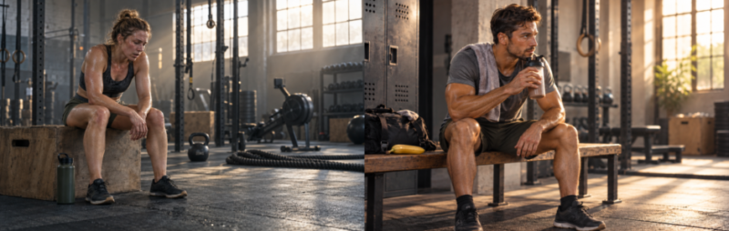 Split image showing an exhausted female athlete resting on a plyometric box beside a kettlebell, contrasted with a male athlete drinking a protein shake, with a banana beside him, in a sunlit gym.