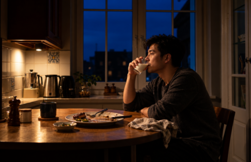 Man sitting at a kitchen table at night, drinking milk beside a mostly finished steak meal with jalapeños, against a dark blue evening window.