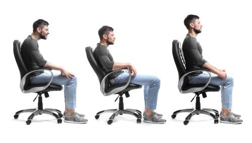Side-by-side comparison of poor and proper office chair posture showing how slouching strains the spine while correct alignment supports long-term health.