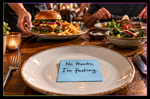 Empty restaurant plate with a handwritten note reading "No thanks, I'm fasting", while other diners enjoy burgers, fries and steak in the background.