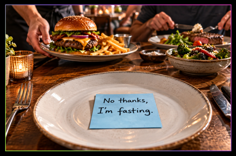 Empty restaurant plate with a handwritten note reading "No thanks, I'm fasting", while other diners enjoy burgers, fries and steak in the background.
