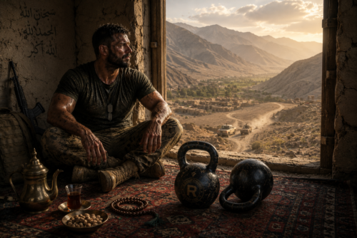 Kettlebell commando recovering inside an Afghan compound after training with kettlebells resting nearby.