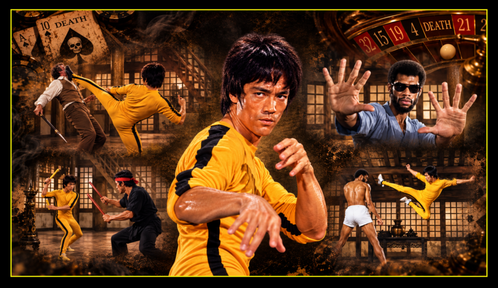 Bruce Lee Game of Death workout featuring his yellow tracksuit, pagoda setting, nunchaku action and confrontation with towering opponent Hakim.
