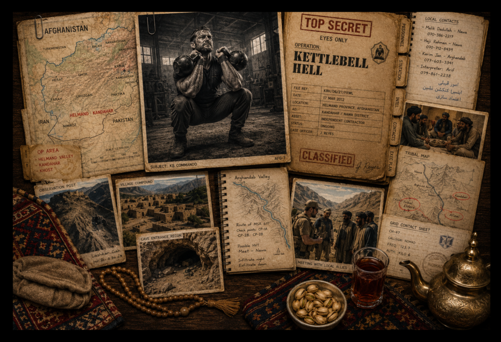 Kettlebell commando performing a double front squat beside an Afghanistan map, tribal intelligence and contractor mission documents.