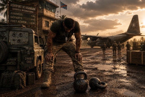 Mercenary recovering beside kettlebells at a remote Congo airstrip as a transport aircraft prepares for extraction.