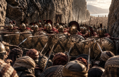Spartan hoplites lock their shields and spears together in a dense phalanx as they make their final stand at Thermopylae.