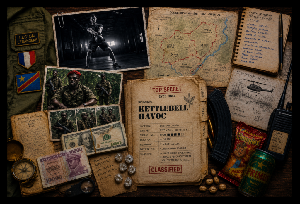 Kettlebell commando performing a double kettlebell swing beside Congo mining maps, mercenary photographs and classified documents.
