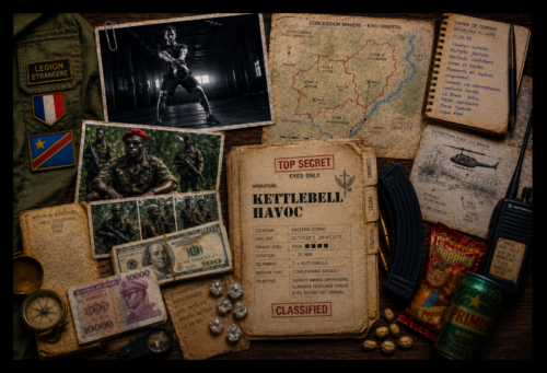 Kettlebell commando performing a double kettlebell swing beside Congo mining maps, mercenary photographs and classified documents.