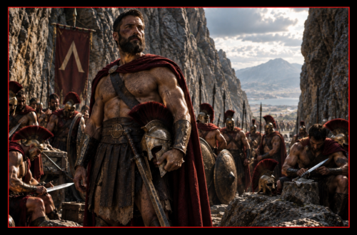 King Leonidas stands with Spartan warriors in the narrow mountain pass at Thermopylae before battle.