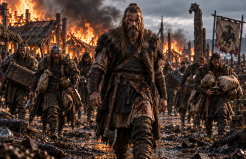 Viking raiders leave a burning Anglo-Saxon settlement carrying weapons and plunder after completing their raid.
