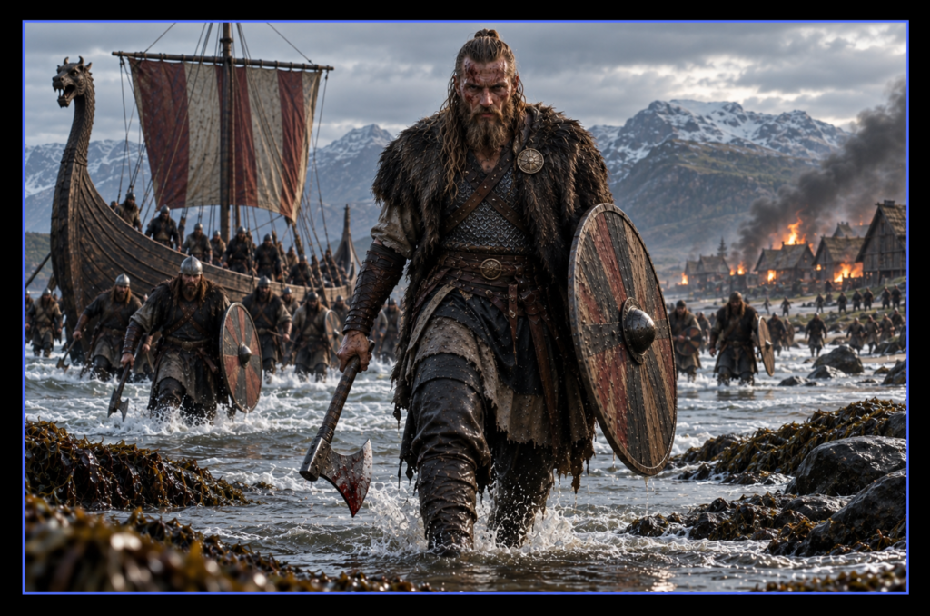Viking warriors come ashore from longships carrying shields and weapons as they begin a raid on the coast.