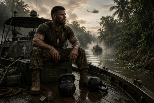 Kettlebell commando recovering aboard a Vietnam river patrol boat after training with kettlebells resting at his feet.