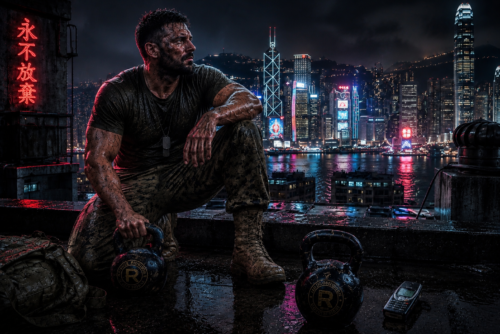 Kettlebell commando recovering on a Hong Kong rooftop at night beside his kettlebells overlooking the illuminated skyline.