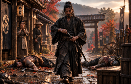A ronin calmly sheathes his katana and walks away after defeating two opponents while stunned villagers watch from nearby.