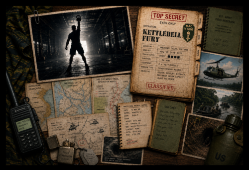 Kettlebell commando performing a single-arm snatch beside Mekong maps, military reports and Vietnam War reconnaissance photographs.