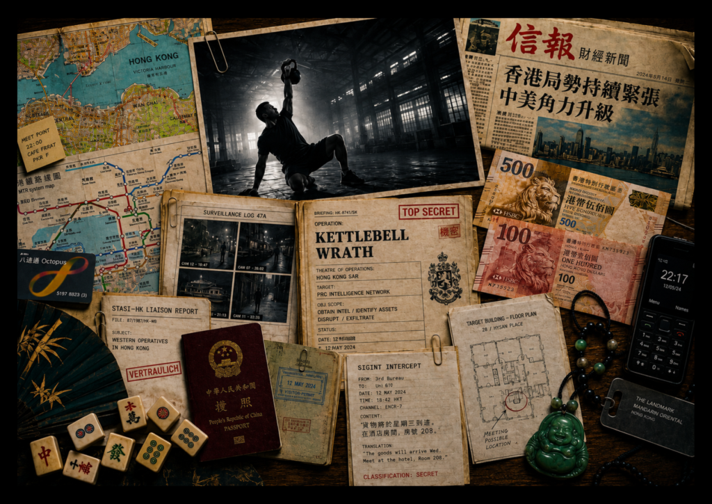 Kettlebell commando performing a Turkish get-up beside Hong Kong maps, surveillance reports, currency and intelligence documents.