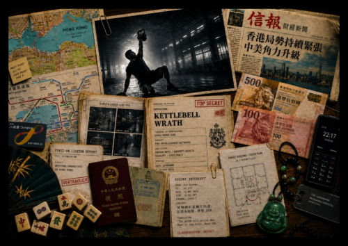 Kettlebell commando performing a Turkish get-up beside Hong Kong maps, surveillance reports, currency and intelligence documents.