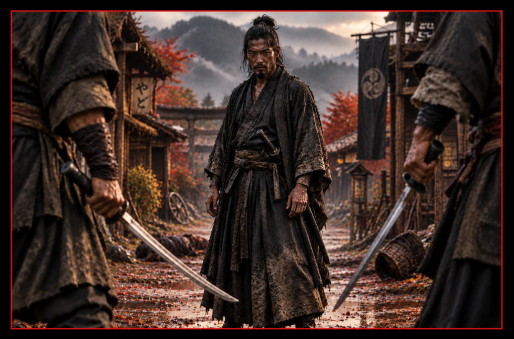 A lone ronin stands calmly with his katana facing armed opponents on a rural road in feudal Japan.